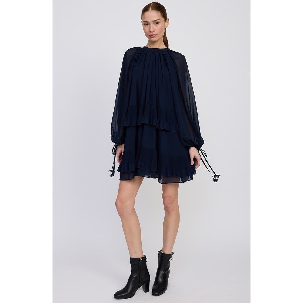 En Saison Nicolette Tiered Ruffle Long Sleeve Trapeze Dress in Navy Size S